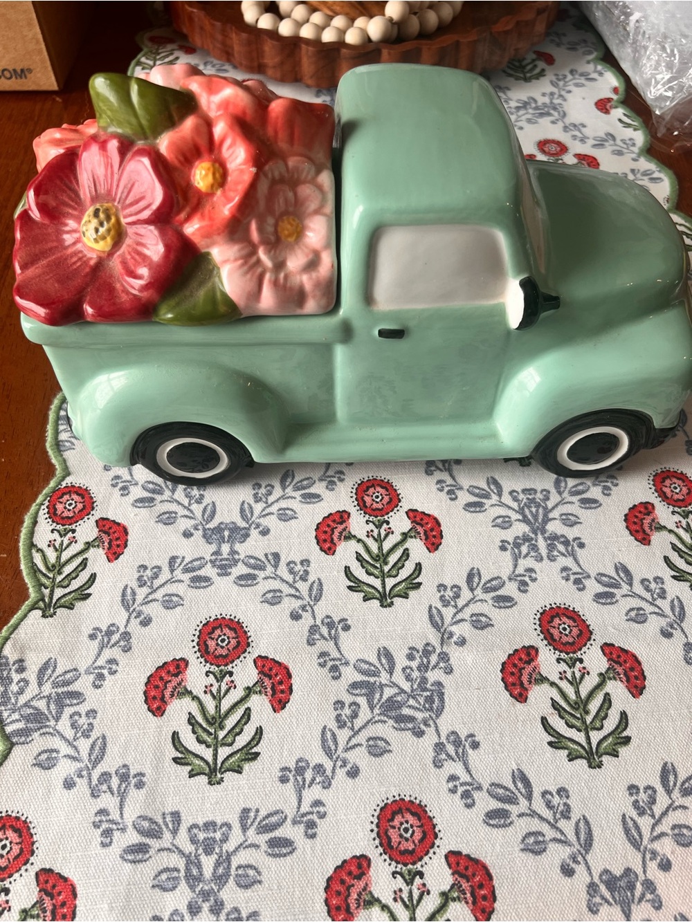 Mint Green Ceramic Flower Truck Figurine